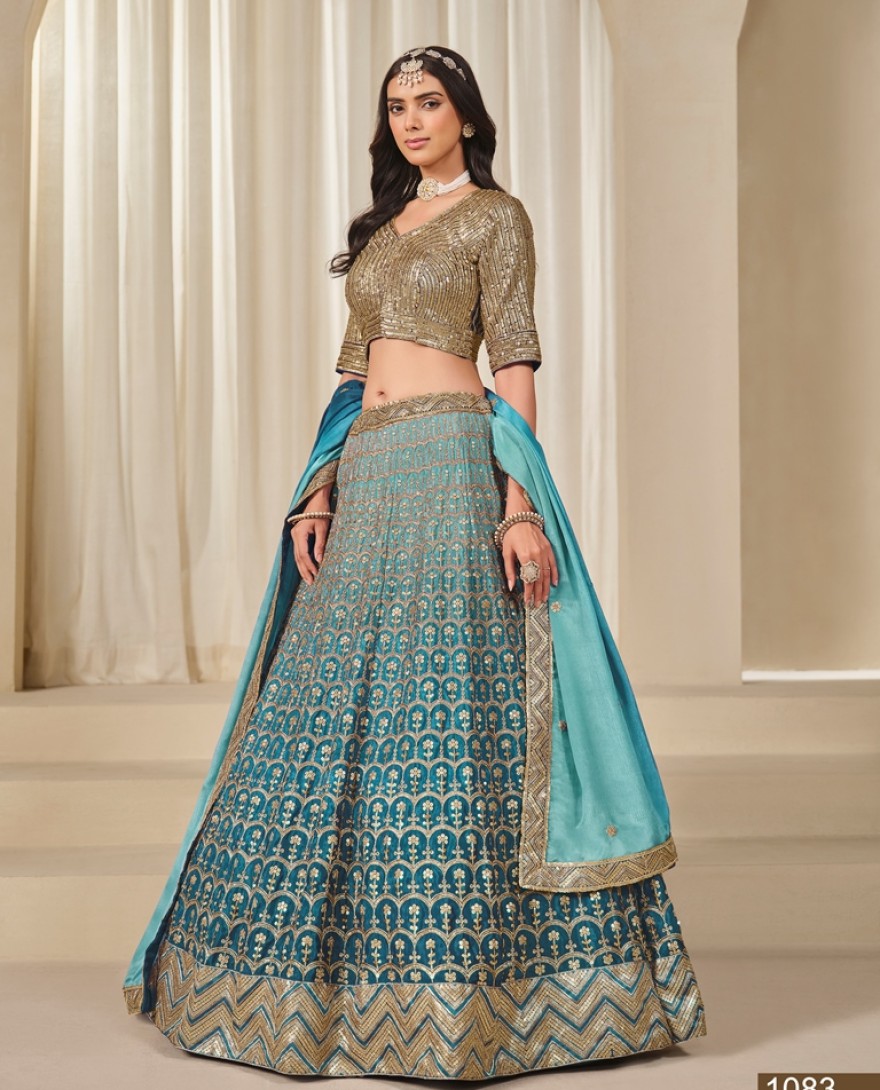 1083-blue - Chinon Trendy Lehenga Choli with Embroidered Work for Ceremonial in Firozi and Teal